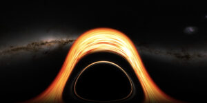curving bright rings in space with a galactic band in the background